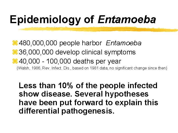 Epidemiology of Entamoeba z 480, 000 people harbor Entamoeba z 36, 000 develop clinical