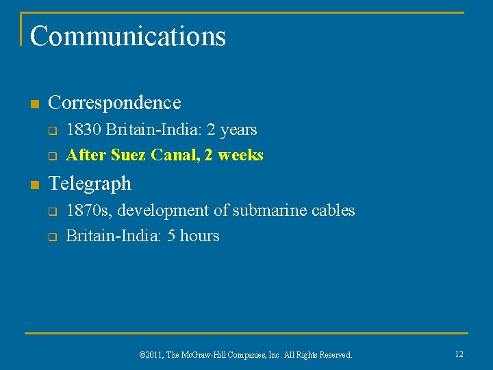 Communications n Correspondence q q n 1830 Britain-India: 2 years After Suez Canal, 2