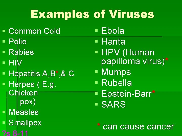 Examples of Viruses § § § Common Cold Polio Rabies HIV Hepatitis A, B*,