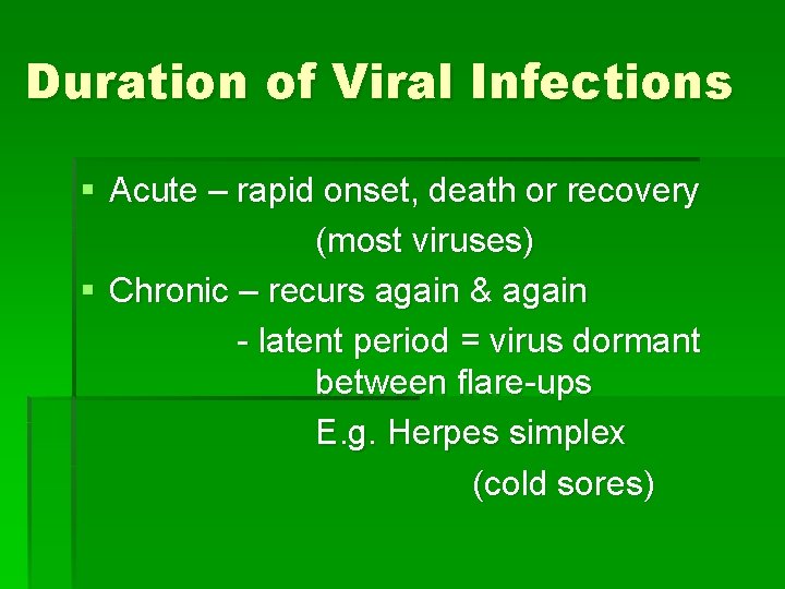 Duration of Viral Infections § Acute – rapid onset, death or recovery (most viruses)