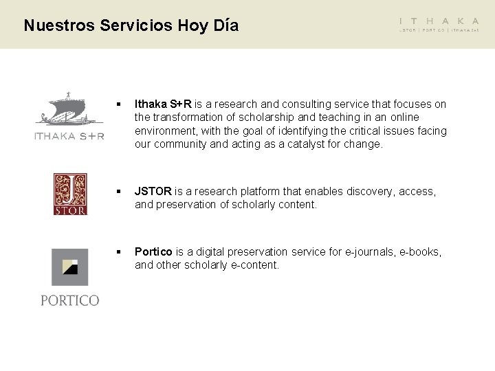 Nuestros Servicios Hoy Día § Ithaka S+R is a research and consulting service that