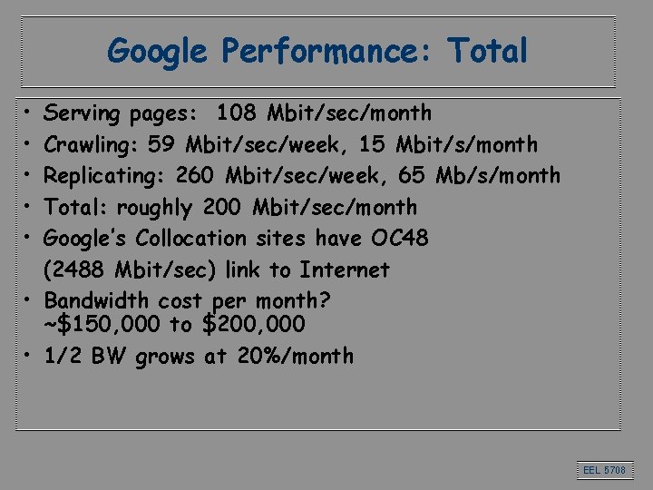 Google Performance: Total • • • Serving pages: 108 Mbit/sec/month Crawling: 59 Mbit/sec/week, 15