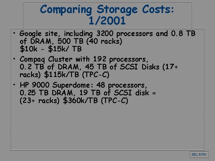 Comparing Storage Costs: 1/2001 • Google site, including 3200 processors and 0. 8 TB