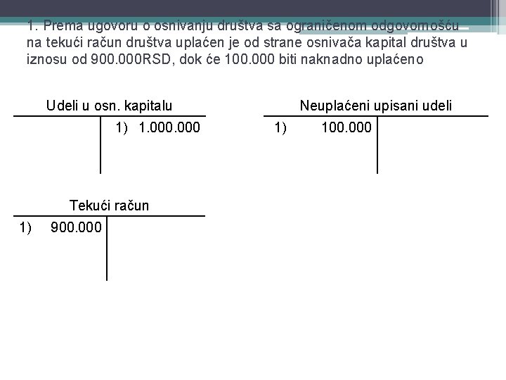 1. Prema ugovoru o osnivanju društva sa ograničenom odgovornošću na tekući račun društva uplaćen