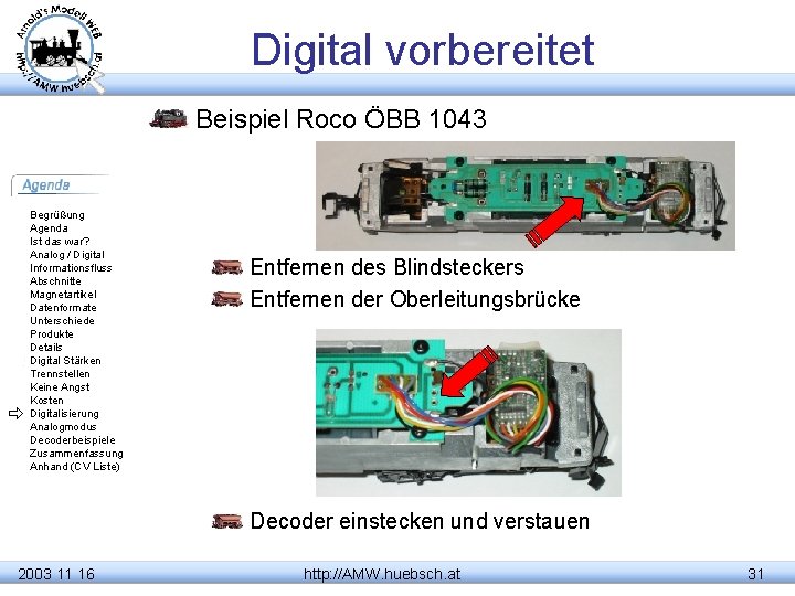 Digital vorbereitet Beispiel Roco ÖBB 1043 Begrüßung Agenda Ist das war? Analog / Digital