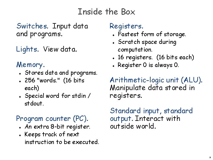 Inside the Box Switches. Input data and programs. Lights. View data. Memory. u u