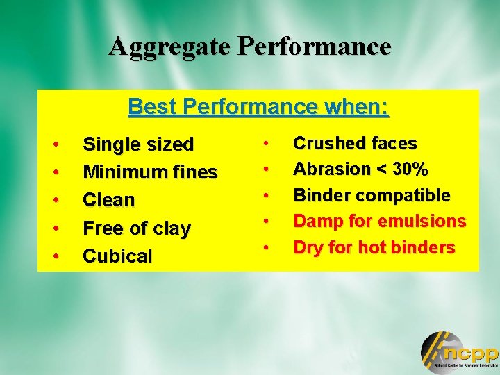 Aggregate Performance Best Performance when: • • • Single sized Minimum fines Clean Free