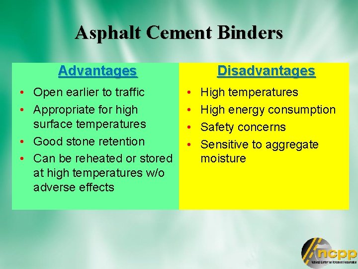 Asphalt Cement Binders Advantages • Open earlier to traffic • Appropriate for high surface