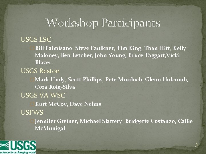 Workshop Participants USGS LSC �Bill Palmisano, Steve Faulkner, Tim King, Than Hitt, Kelly Maloney,