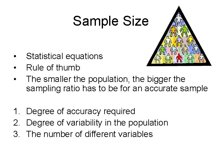 Sample Size • • • Statistical equations Rule of thumb The smaller the population,