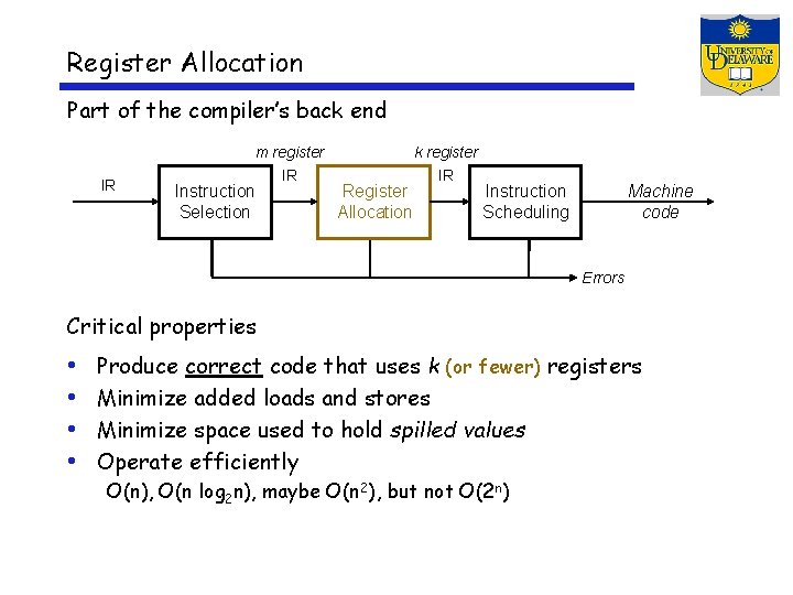 Register Allocation Part of the compiler’s back end m register IR Instruction Selection IR