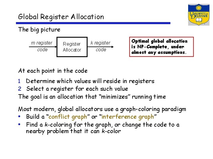 Global Register Allocation The big picture m register code Register Allocator k register code
