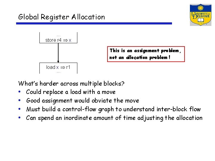 Global Register Allocation. . . store r 4 x This is an assignment problem,