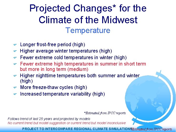 Projected Changes* for the Climate of the Midwest Temperature Longer frost-free period (high) Higher