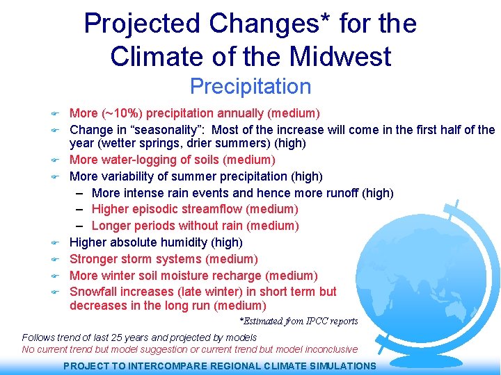 Projected Changes* for the Climate of the Midwest Precipitation More (~10%) precipitation annually (medium)