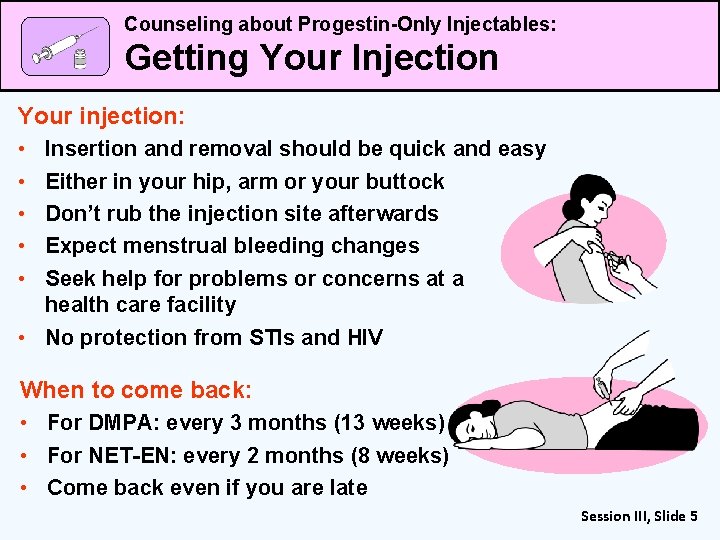 Counseling about Progestin-Only Injectables: Getting Your Injection Your injection: • • • Insertion and