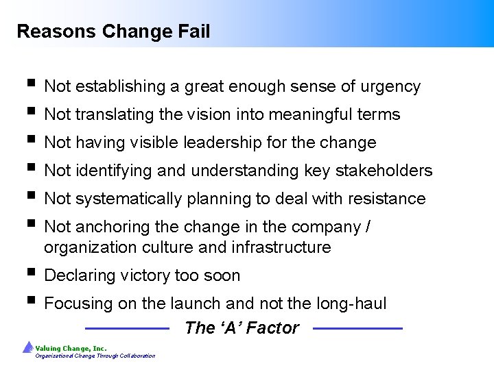 Reasons Change Fail § Not establishing a great enough sense of urgency § Not