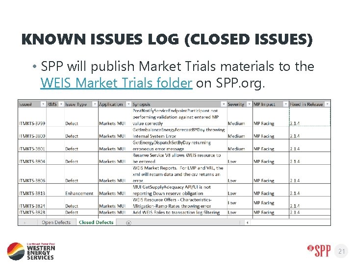 KNOWN ISSUES LOG (CLOSED ISSUES) • SPP will publish Market Trials materials to the