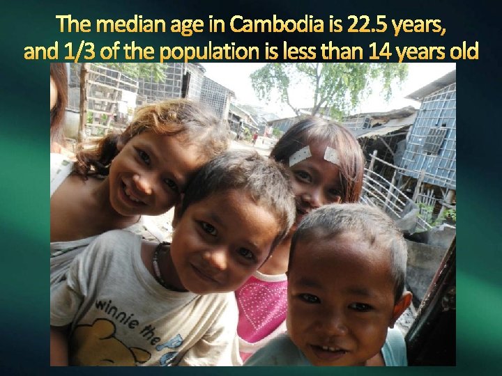 The median age in Cambodia is 22. 5 years, and 1/3 of the population