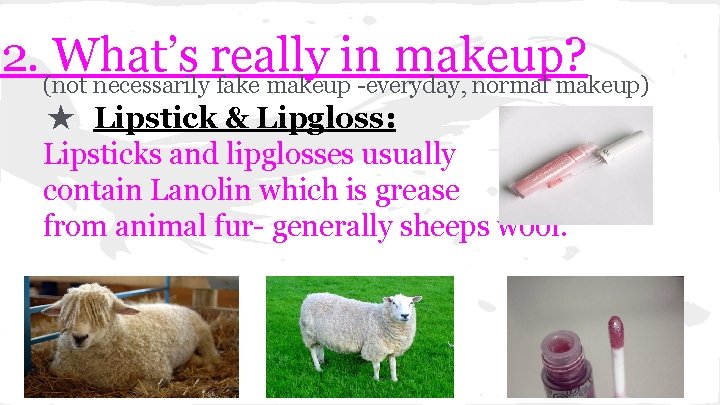 2. (not What’s really in makeup? necessarily fake makeup -everyday, normal makeup) ★ Lipstick