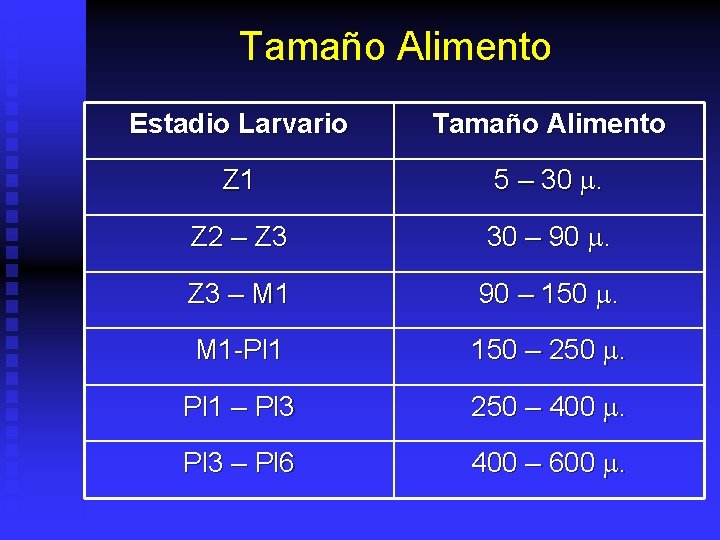Tamaño Alimento Estadio Larvario Tamaño Alimento Z 1 5 – 30 m. Z 2