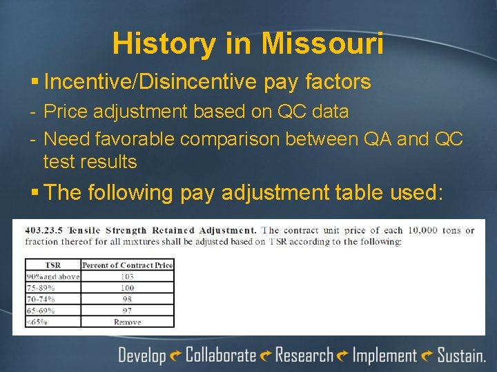 History in Missouri § Incentive/Disincentive pay factors - Price adjustment based on QC data