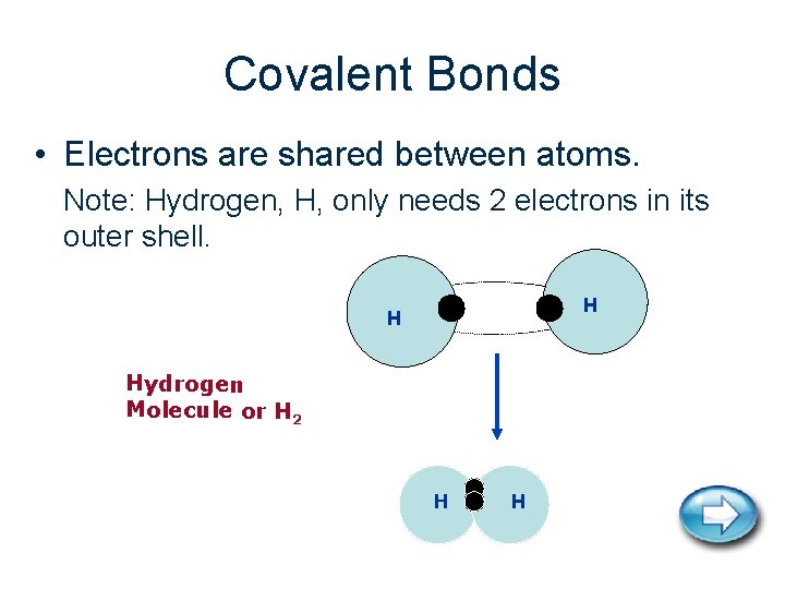 Covalent Bonds • Electrons are shared between atoms. Note: Hydrogen, H, only needs 2