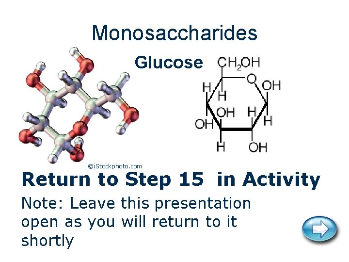 Monosaccharides Glucose ©i. Stockphoto. com Return to Step 15 in Activity Note: Leave this