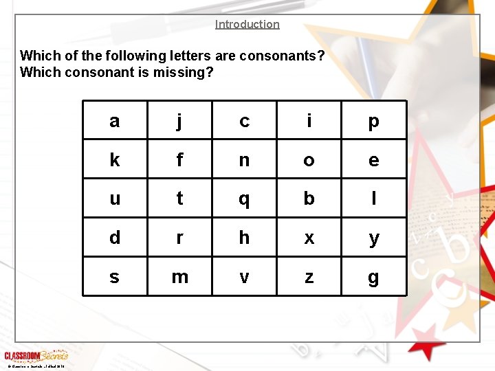 Introduction Which of the following letters are consonants? Which consonant is missing? © Classroom Introduction Which of the following letters are consonants? Which consonant is missing? © Classroom