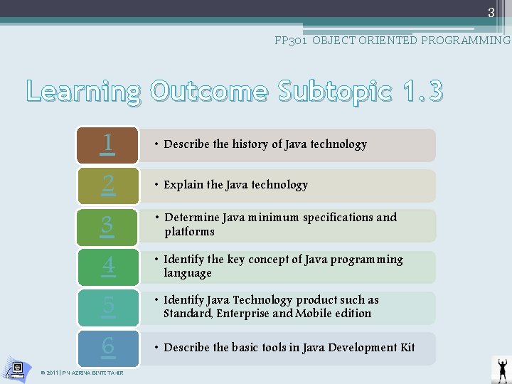 3 FP 301 OBJECT ORIENTED PROGRAMMING Learning Outcome Subtopic 1. 3 1 • Describe