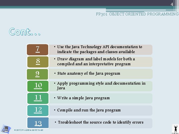 4 FP 301 OBJECT ORIENTED PROGRAMMING Cont. . . 7 • Use the Java