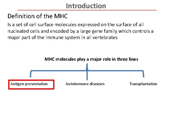Introduction Definition of the MHC Is a set of cell surface molecules expressed on