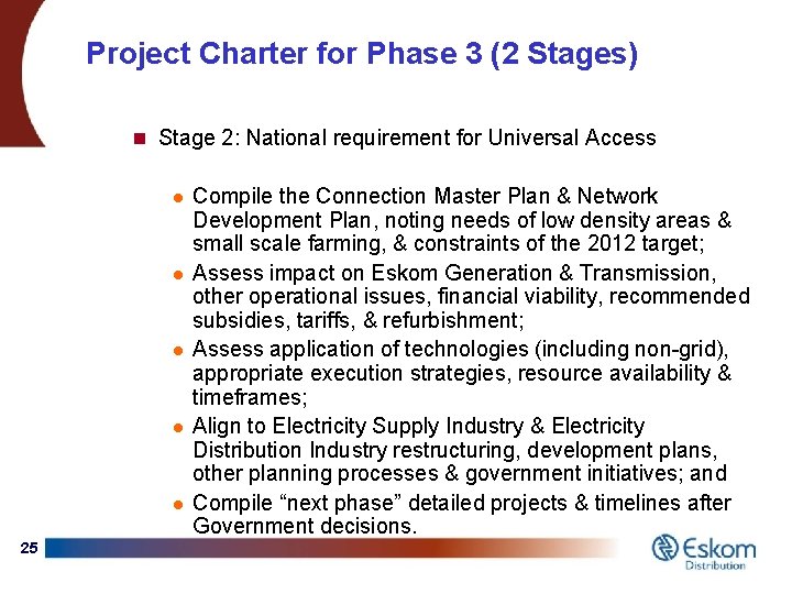 Project Charter for Phase 3 (2 Stages) n Stage 2: National requirement for Universal