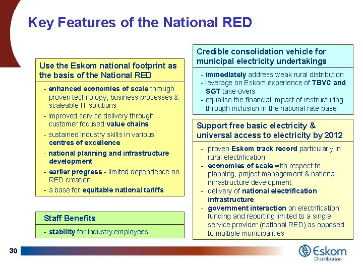 Key Features of the National RED Use the Eskom national footprint as the basis