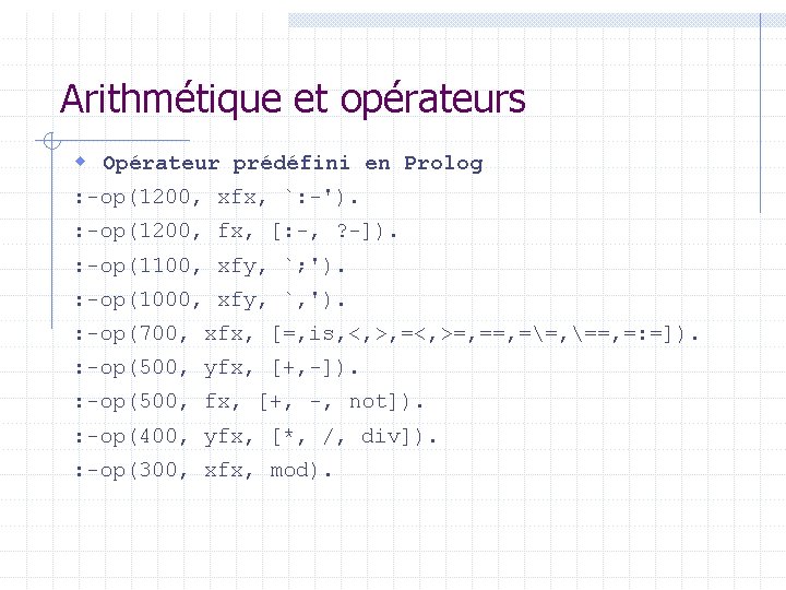 Arithmétique et opérateurs w Opérateur prédéfini en Prolog : op(1200, xfx, `: '). :