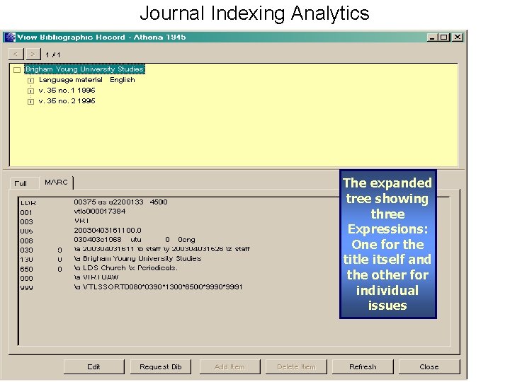 Journal Indexing Analytics The expanded tree showing three Expressions: One for the title itself