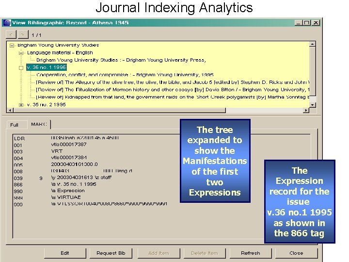 Journal Indexing Analytics The tree expanded to show the Manifestations of the first two