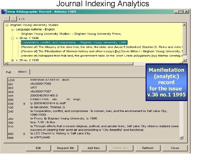 Journal Indexing Analytics Manifestation (analytic) record for the issue v. 36 no. 1 1995