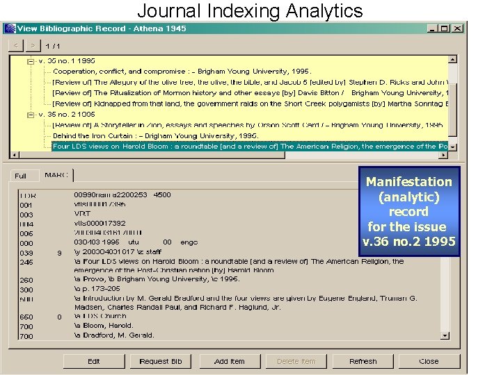 Journal Indexing Analytics Manifestation (analytic) record for the issue v. 36 no. 2 1995