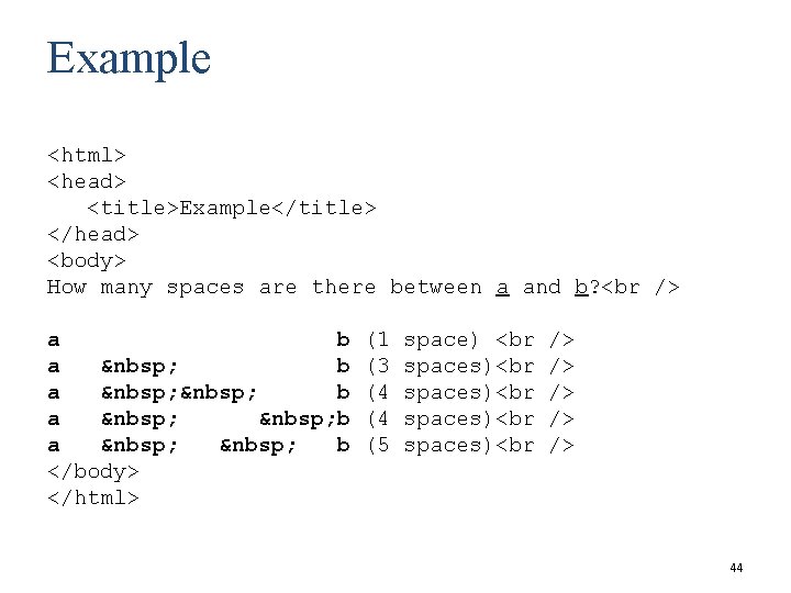 Example <html> <head> <title>Example</title> </head> <body> How many spaces are there between a and