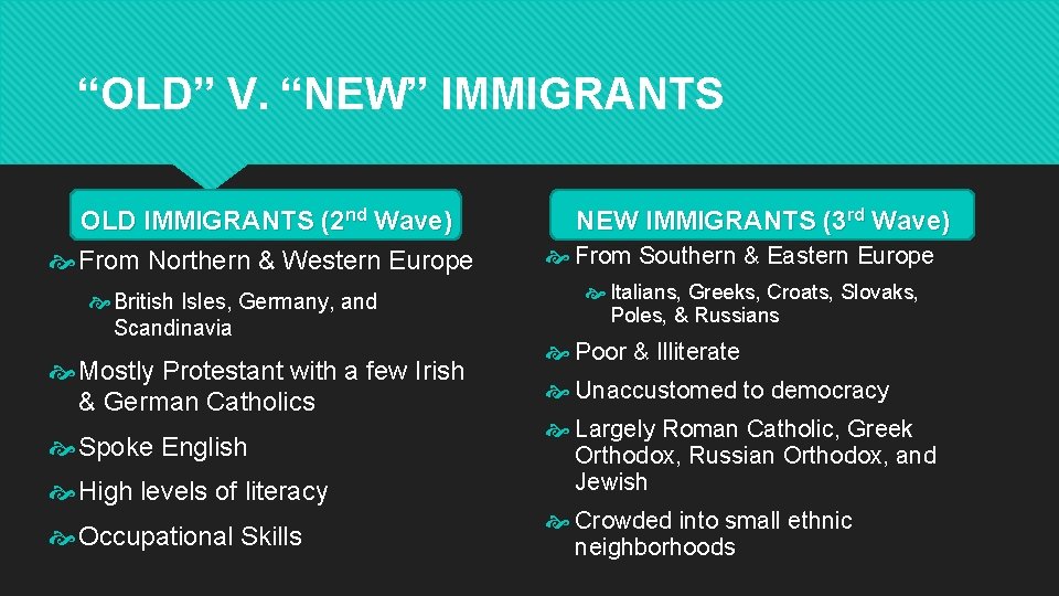 “OLD” V. “NEW” IMMIGRANTS OLD IMMIGRANTS (2 nd Wave) From Northern & Western Europe