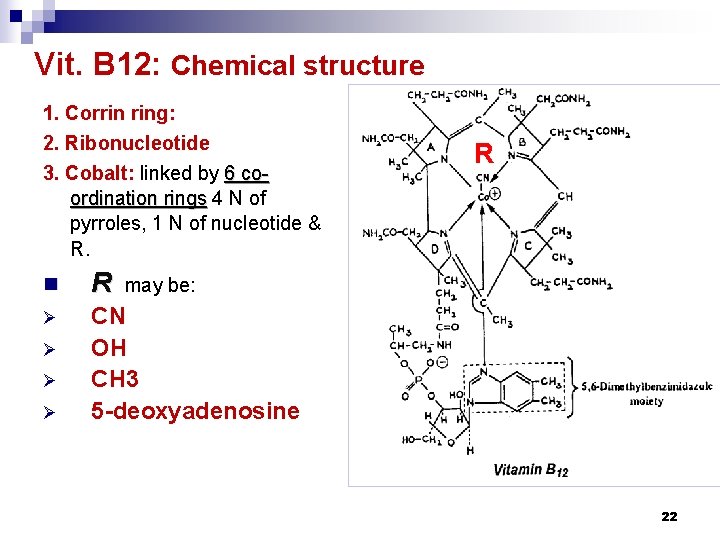 Vit. B 12: Chemical structure 1. Corrin ring: 2. Ribonucleotide 3. Cobalt: linked by