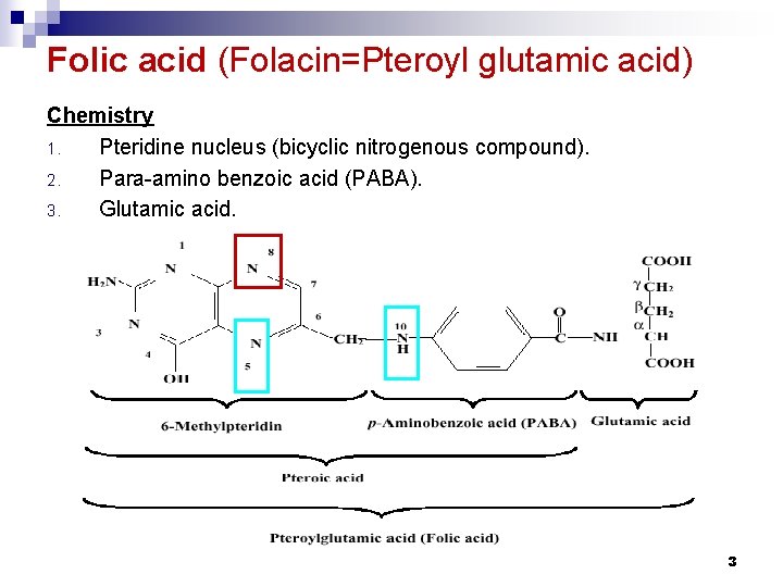 Folic acid (Folacin=Pteroyl glutamic acid) Chemistry 1. Pteridine nucleus (bicyclic nitrogenous compound). 2. Para-amino