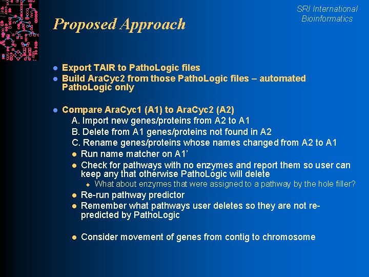 Proposed Approach l l l SRI International Bioinformatics Export TAIR to Patho. Logic files