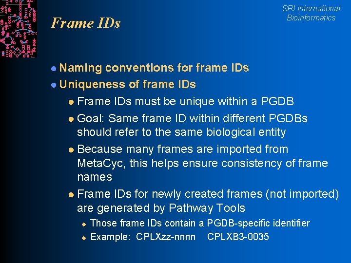 Frame IDs SRI International Bioinformatics l Naming conventions for frame IDs l Uniqueness of