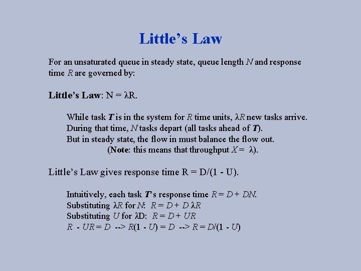 Little’s Law For an unsaturated queue in steady state, queue length N and response