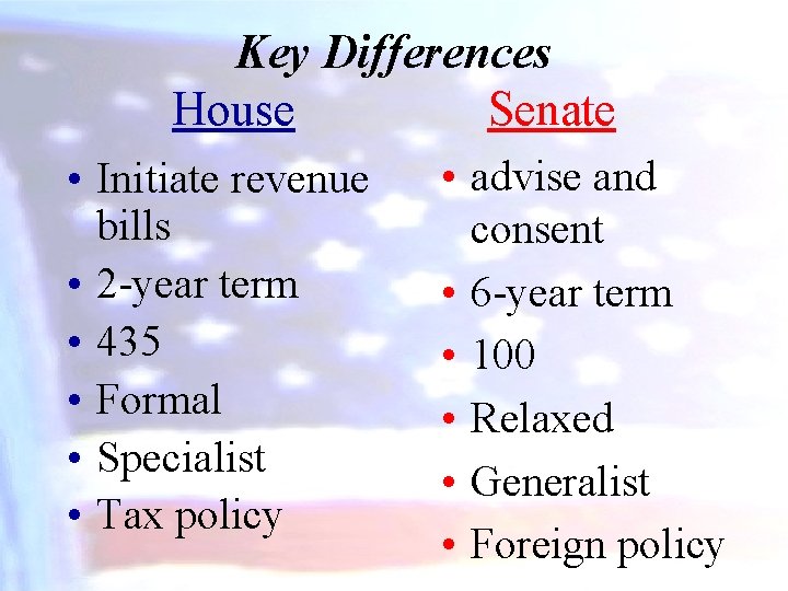 Key Differences House Senate • Initiate revenue bills • 2 -year term • 435