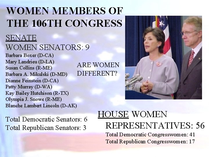 WOMEN MEMBERS OF THE 106 TH CONGRESS SENATE WOMEN SENATORS: 9 Barbara Boxer (D-CA)