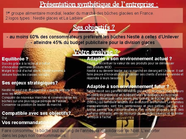 Présentation synthétique de l’entreprise : 1 er groupe alimentaire mondial, leader du marché des