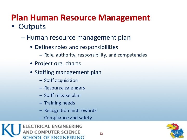 Plan Human Resource Management • Outputs – Human resource management plan • Defines roles